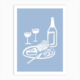 Wine and Cheese Aperitif Kitchen Illustration - White Light Blue Art Print