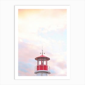 New York, USA I Coney Island lighthouse pink sky from sunset sky to candy pink pastel aesthetic coastal photography red in color on the beach of the east coast of USA for a seaside coastal home Art Print