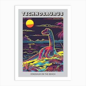 Neon Lines Dinosaur On The Beach Poster Art Print