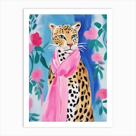 Leopard In Pink Scarf Watercolor Painting Art Print