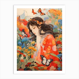 Person In The Meadow With Butterflies Japanese Style Painting Art Print