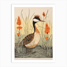 Vintage Bird Linocut Grebe 2 Art Print