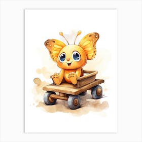 Baby Butterfly On Toy Car, Watercolour Nursery 1 Art Print