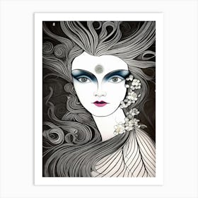 Woman Face Art Nouveau Line Art Drawing Vintage Retro Lady Avatar Person Art Print