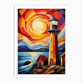 Lighthouse Tower at Sunset II, Vibrant Colorful Painting in Cubism Picasso Style Art Print