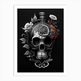 Skull With Floral Patterns 3 Orange Stream Punk Art Print