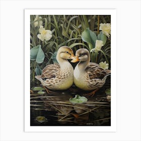 Floral Ornamental Ducks In The Cattail 4 Art Print