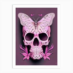 Skull With Butterfly Motifs Pink Line Drawing Art Print