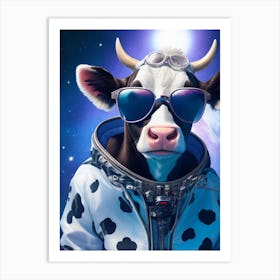 Funny Cow Wearing Jacket And Glasses With In Space Background Art Print