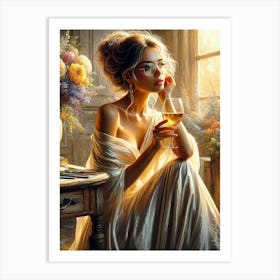 Lady With A Glass Of Golden Wine 1 Art Print