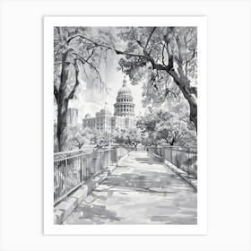 The Texas State Capitol Austin Texas Black And White Watercolour 4 Art Print