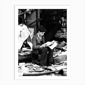 Young Man Reading A Book After Bomb Raid, Vintage Black and White Old Photo Art Print