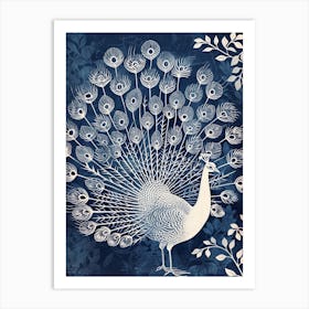 Navy Blue & White Peacock Linocut Inspired Portrait 4 Art Print