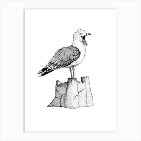 Seagull Sandcastle in Black and White Ink Art Print