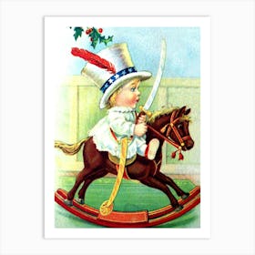 Little Boy Riding A Wooden Horse, Patriotic Holiday Greeting Art Print