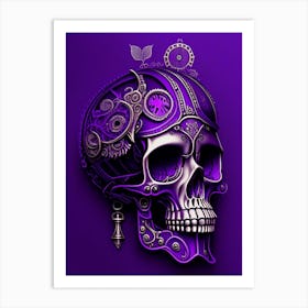 Skull With Steampunk Details 1 Purple Line Drawing Art Print