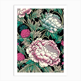Borders And Edges Peonies Colourful 3 Drawing Art Print