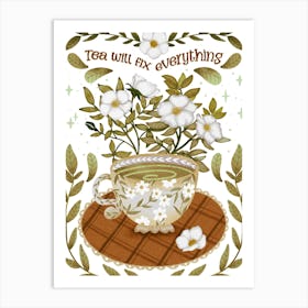 Tea time art illustration with flowers and leaves Art Print