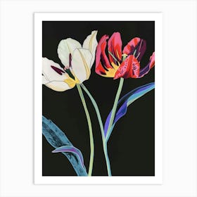 Neon Flowers On Black Tulip 3 Art Print