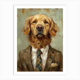 Kitsch Portrait Of A Golden Retriever In A Tie 3 Art Print