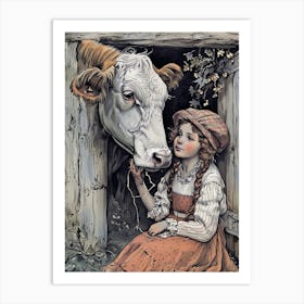 Cow Girl Barn Flowers Heart Warming Interaction Farm Life Serene Vintage Style Art Print