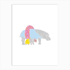 Hippos With Pool Donut Ringo And Snorkel, Fun Safari Animal Print, Portrait Art Print