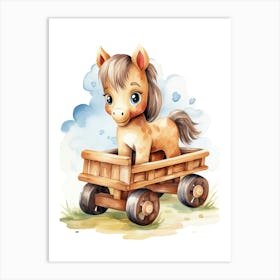 Pony On A Toy Car, Watercolour Nursery 3 Art Print