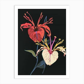 Neon Flowers On Black Bleeding Heart Dicentra 1 Art Print