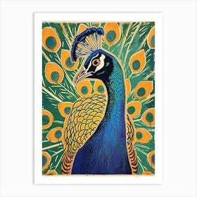 Blue Mustard Linocut Inspired Peacock Feather 5 Art Print
