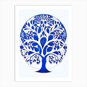 Tree Of Life Symbol Blue And White Line Drawing Art Print