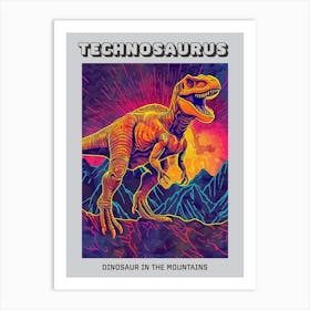 Neon Linework Dinosaur In The Mountains Poster Art Print