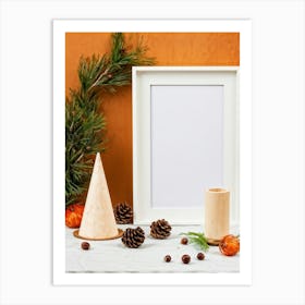 White Frame With Pine Cones Art Print