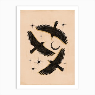 Black Birds Flying With The Moon Art Print