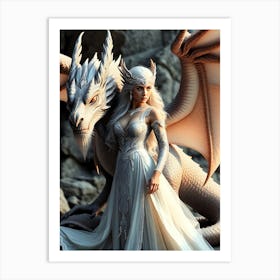 White Elf Queen with Dragon Art Print