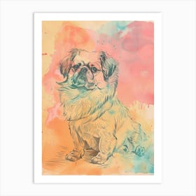 Pekingese Dog Pastel Line Watercolour Illustration  3 Art Print