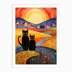 Cats In The Field With A Medieval Village In The Background 5 Art Print