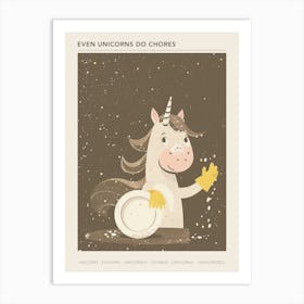 Unicorn Washing Up The Dishes Muted Pastel Poster Art Print