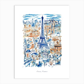 France Paris Eiffel Tower Illustration Line Art Travel Blue Art Print