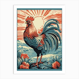 Vintage Bird Linocut Rooster 3 Art Print