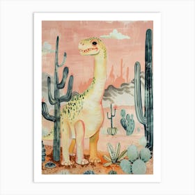 Dinosaur In The Desert With Cactus Storybook Watercolour 2 Art Print