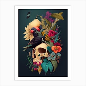 Skull With Bird Motifs Colourful Botanical Art Print