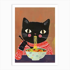 Cute Black Cat Eating Pasta Folk Illustration 2 Art Print