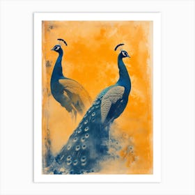 Two Orange & Blue Vintage Peacocks Art Print