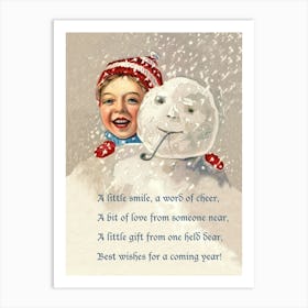 Boy Hiding Behind Snowman, Holiday Poster Art Print