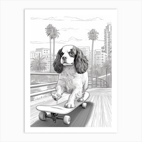 Cavalier King Charles Spaniel Dog Skateboarding Line Art 2 Art Print