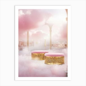 Dreamy Pink Mall Embracing Cloud Benches Adorned With Golden Accents High Key Lighting Emphasizing 1 Art Print