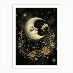 The Moon, Stars And A Gold Floral Art Print