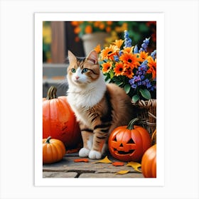 Cat With Pumpkins And Flowers 1 Art Print