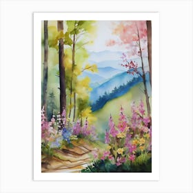 Smoky Mountains Painting, Spring Flowers, Watercolor Art, Appalachian Mountain Landscape Wall Art, Mountain Forest Print..178 Art Print