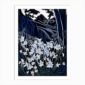 Mountain Bluebells Wildflower Linocut 1 Art Print
